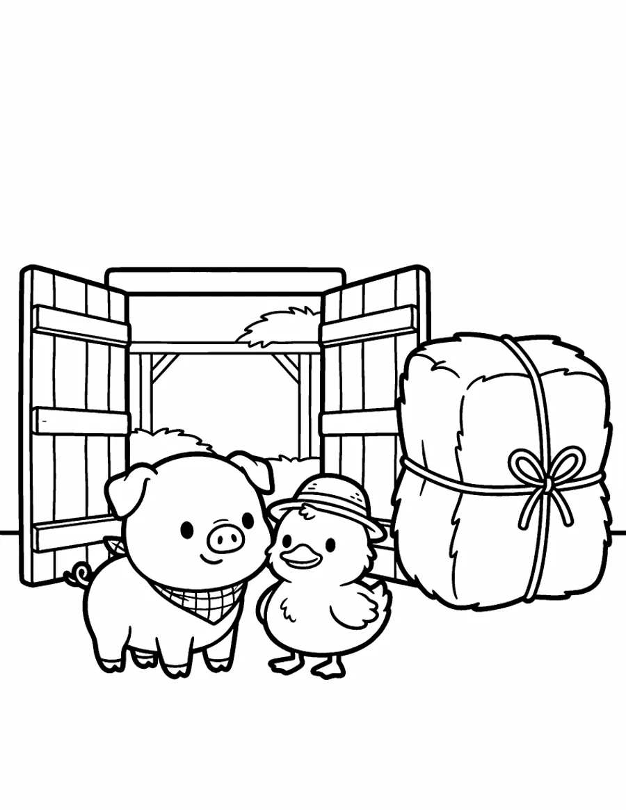 Page 2 of Barnyard Besties, a coloring book made with Bookbind: a pig in a bandana and a duck in a straw hat at the barn door