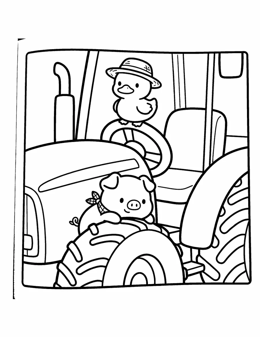 Page 5 of Barnyard Besties: the same pig and duck on a tractor, with the same bandana and straw hat